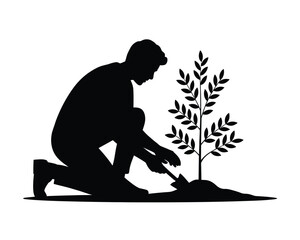 Gardener silhouette planting a young tree vector graphic for eps format and general use silhouette vector illustration white background