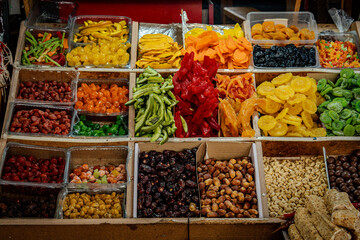 Traditional Georgian Market Stall In Kutaisi Displaying Colorful Churchkhela Dried Fruits And Nuts...
