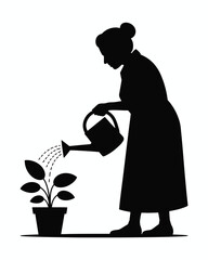 Vector silhouette illustration of a person watering a potted plant scalable eps graphic for versatile design use silhouette vector illustration white background