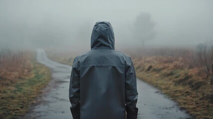 a person in a raincoat with hood up, standing on a countryside dirt path under the rain, back view, droplets on the jacket, misty background