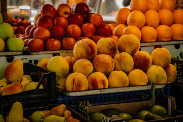 Fresh Fruits Displayed At Kutaisi Market Georgia Including Peaches Pears And Apples Representing...