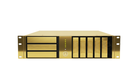 Golden server shows six data bays with intricate patterned covers and three blank panels, plus LED lights.