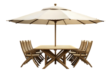Outdoor patio furniture set with umbrella isolated on transparent background. Wooden table and chairs underneath a large parasol umbrella isolated on transparent background.