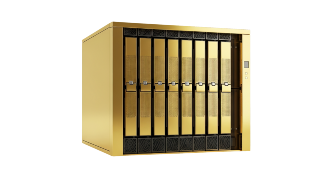 Golden server is presented against a isolated background with its multiple bays and ventilation visible.