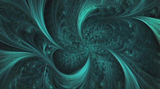 A stunning abstract and fractal visualization, dominated by rich shades of teal and dark cyan. This image features an elegant, symmetrical spiral pattern, resembling plant tendrils.