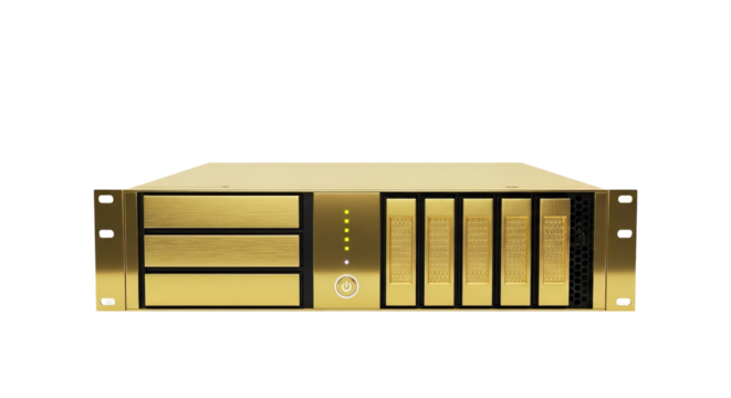 Golden server shows six data bays with intricate patterned covers and three blank panels, plus LED lights.