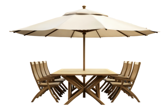 Outdoor patio furniture set with umbrella isolated on transparent background. Wooden table and chairs underneath a large parasol umbrella isolated on transparent background.