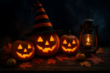 Sinister halloween jack-o'-lantern with sharp teeth glowing fiercely in a dark, atmospheric graveyard with thick fog and melting candles at twilight night