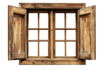 Old wooden window with open shutters isolated on transparent background. Wooden window frame isolated on white background.