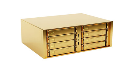 Golden storage server features eight drive bays in a studio lighting environment.
