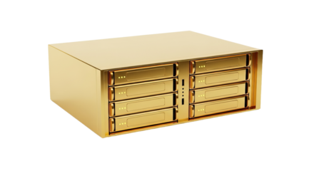 Golden storage server features eight drive bays in a studio lighting environment.