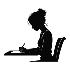 Silhouette vector illustration of a young woman writing at a desk scalable eps graphic for design projects silhouette vector illustration white background