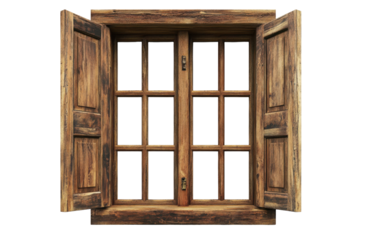 Old wooden window with open shutters isolated on transparent background. Wooden window frame isolated on white background.