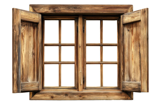 Old wooden window with open shutters isolated on transparent background. Wooden window frame isolated on white background.