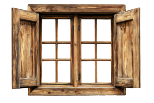 Old wooden window with open shutters isolated on transparent background. Wooden window frame isolated on white background. - Powered by Adobe