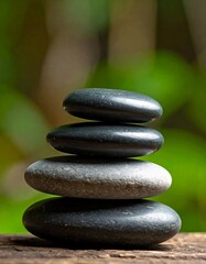 Four smooth, dark river stones are balanced in a cairn against a soft, green, blurred background, evoking a sense of balance, tranquility, and spa wellness
