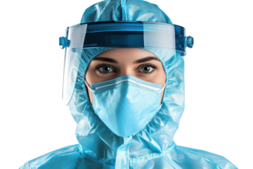Close up of a person wearing a blue protective suit and face shield isolated on transparent background. Young female nurse in light blue protection suit and mask isolated on white background.
