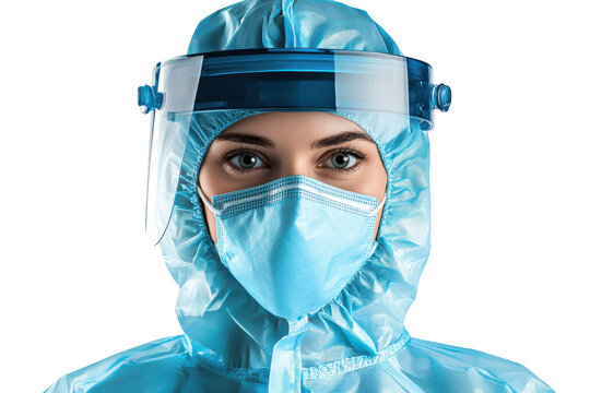 Close up of a person wearing a blue protective suit and face shield isolated on transparent background. Young female nurse in light blue protection suit and mask isolated on white background.