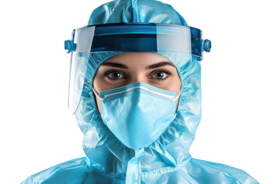 Close up of a person wearing a blue protective suit and face shield isolated on transparent background. Young female nurse in light blue protection suit and mask isolated on white background.