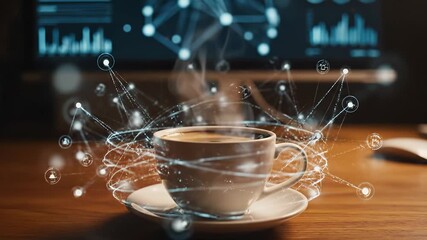 A steaming coffee cup sits on a wooden desk with a steaming screen displaying data. The coffee cup is surrounded by digital elements in a high-tech environment. - Powered by Adobe