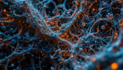 Intense Macro View of Intertwined Blue and Orange Biological Filaments