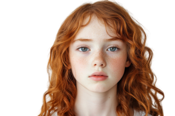 Young woman looking up thoughtfully isolated on transparent background. Young girl looking sad and confused isolated on white background.