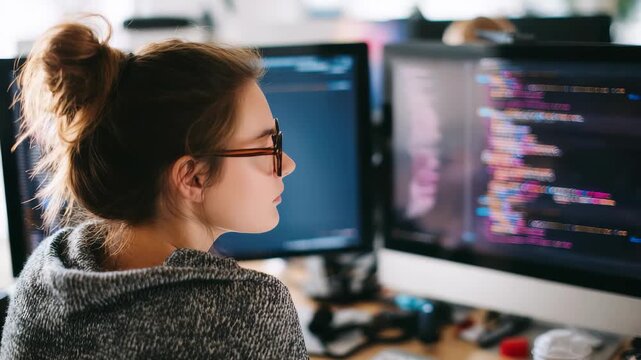 Young woman software developer working on code at a modern workspace with multiple monitors. Focused female programmer in glasses solving complex programming tasks in a tech environment