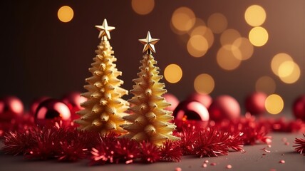 Illuminated christmas trees forest in on a snowy night close to christmas red garlands and golden decorations in an artificial stage at twilight, Generative AI illustration.