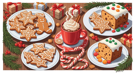 Delicious Christmas treats with gingerbread cookies, festive fruitcake, and hot chocolate surrounded by gifts, candy canes, and pine decorations. 