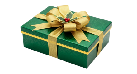 Green gift box is decorated with a golden ribbon and holly bow on top against a background.