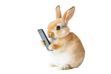 Cute fluffy bunny holding a mobile phone isolated on transparent background. A cute rabbit poses with a cell phone isolated on white background.