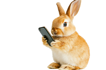 Cute fluffy bunny holding a mobile phone isolated on transparent background. A cute rabbit poses with a cell phone isolated on white background.
