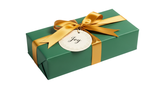 Green gift is wrapped with gold ribbon and 'Joy' tag resting on surface. - high quality Green gift is wrapped with gold ribbon and 'Joy' tag resting o