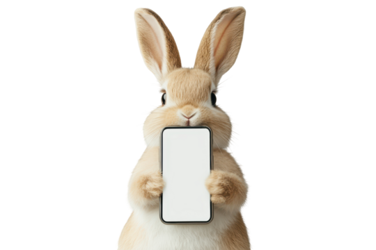Cute fluffy bunny holding a mobile phone isolated on transparent background. A cute rabbit poses with a cell phone isolated on white background.