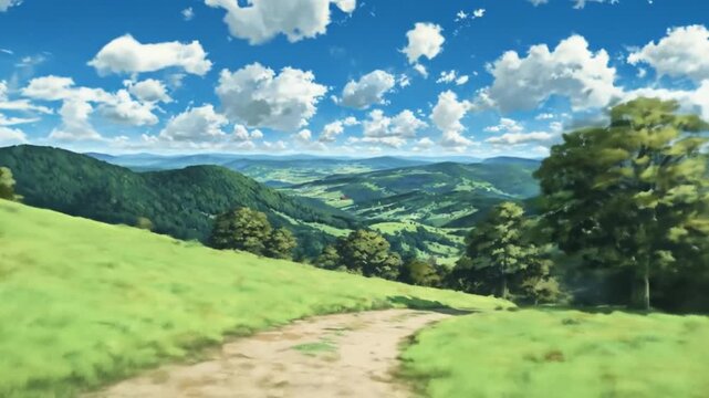 Rolling green hills and blue sky with fluffy clouds landscape illustration