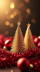 Illuminated christmas trees forest in on a snowy night close to christmas red garlands and golden decorations in an artificial stage at twilight, Generative AI illustration.