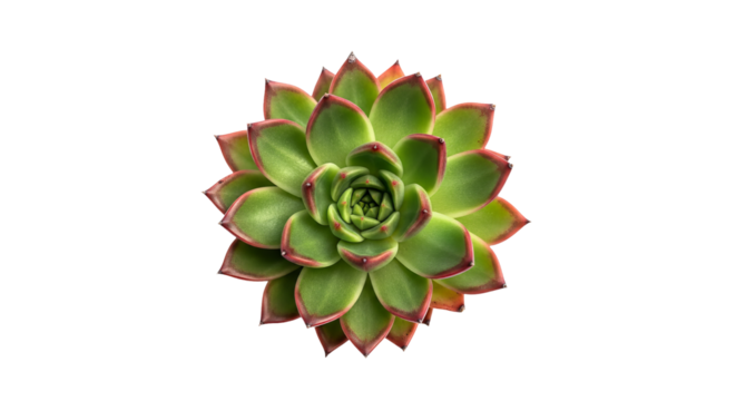 Green succulent displays its symmetrical rosette pattern, showcasing red-tipped leaves against a stark background.