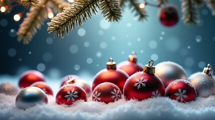 Merry Christmas - Baubles On Snow With Fir Branches.