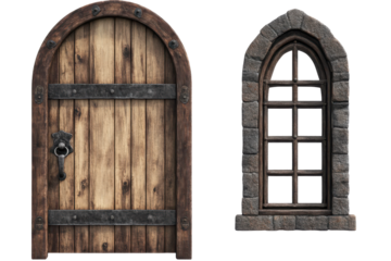 Gothic wooden arched doorway with small windows isolated on transparent background. Wooden door and a window isolated on white background.