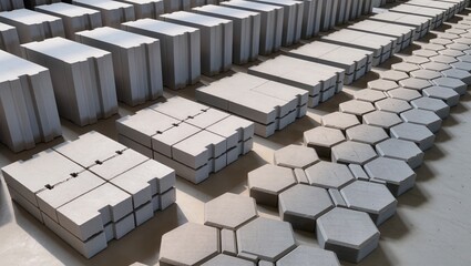 Obraz premium Concrete products such as blocks, tiles, and pavers neatly arranged, highlighting texture, edges, and geometric patterns, ideal for construction, architecture, and industrial stock