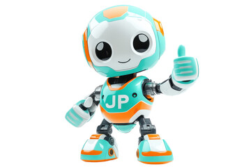 Cute robot character giving a thumbs up gesture isolated on transparent background. Robot giving a thumbs up isolated on white background.