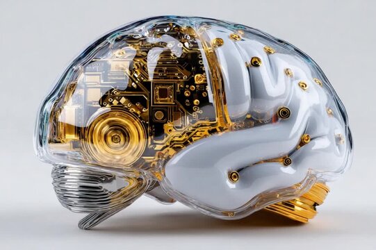 Cyborg Mind: A transparent brain model reveals intricate circuits and technology within, symbolizing the fusion of biology and technology, intelligence and innovation. 