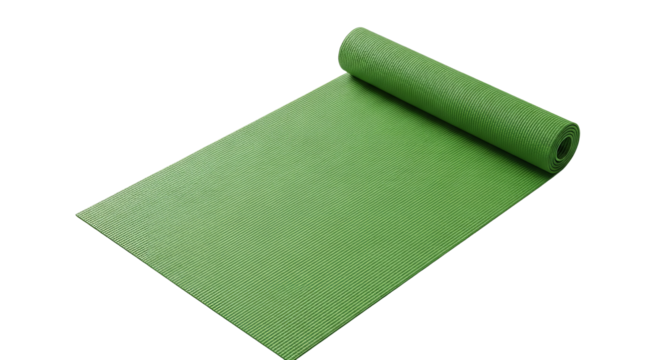 Green yoga mat lays partly rolled out on a dark surface, revealing its textured design.