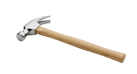 Hammer lies diagonally with a polished metal head and wooden handle against a stark .