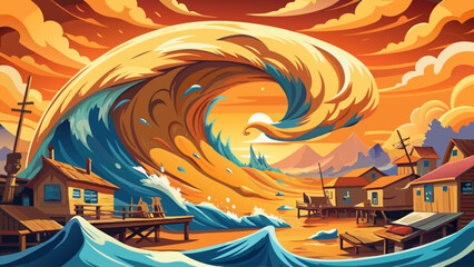 Huge tsunami wave curling over a fishing village, wooden boats overturned, cloudy sky glowing orange, water splashing with incredible detail, sense of chaos and nature’s power