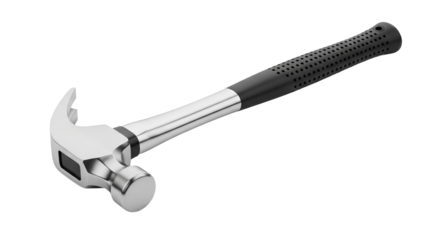 Hammer rests diagonally showing its steel head and handle against the isolated background.