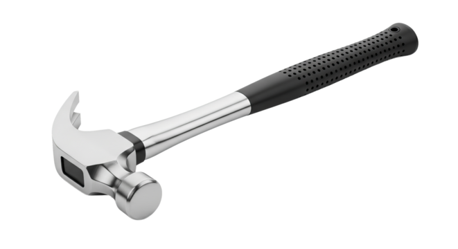 Hammer rests diagonally showing its steel head and handle against the isolated background.