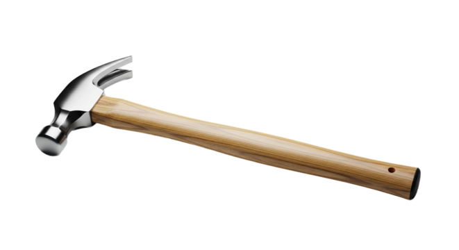 Hammer with shiny metallic head and wooden handle is displayed against a isolated background.