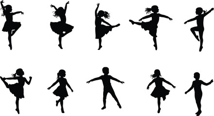 Children dance silhouettes, kids dancing poses, expressive movement, modern dance, ballet practice, hip hop style, performance art, fitness activity, vector illustration, black figures