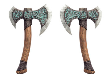 Ornate medieval battle axes with wooden handles isolated on transparent background. Axes or hatchet isolated on white background.
